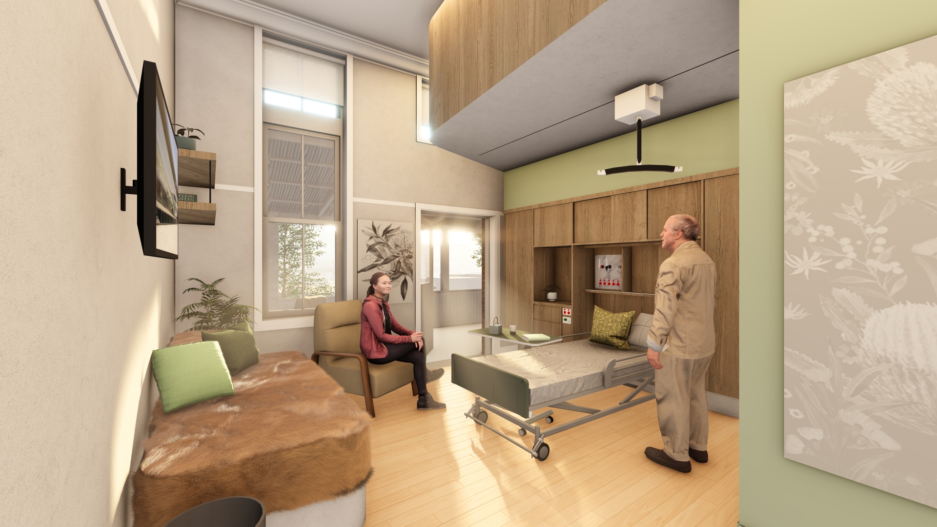 patient room with bed, chair, television, shelving and natural light