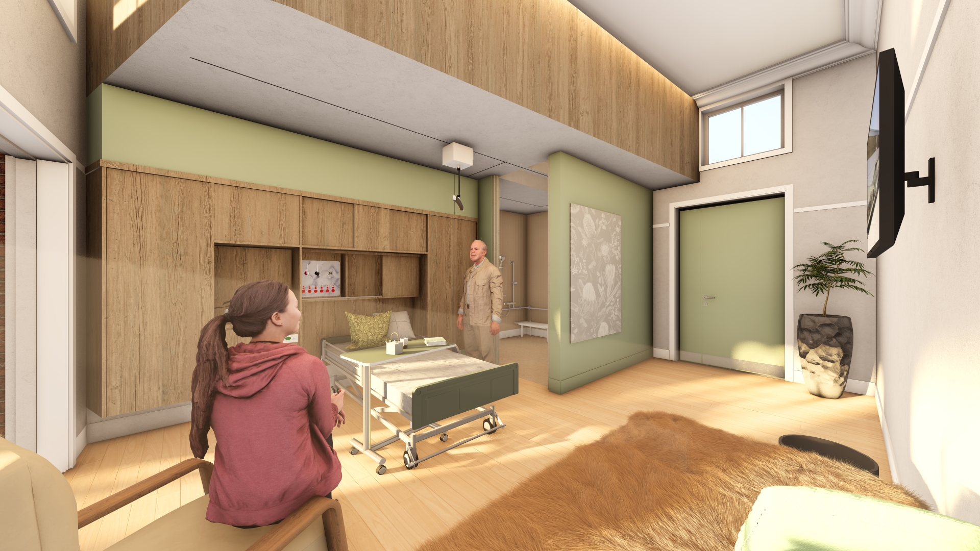 patient room with bed, chair, television, shelving and natural light above entry door