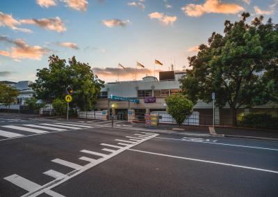 An external view of the Launceston General Hospital main entrance.