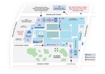 Launceston General Hospital Parking map. See page content for full image description, including parking locations.