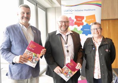 Rodney Croome (Equality Tasmania), Dale Webster (Co-Chair LGBTIQA+ Reference Group) and Lynn Jarvis (Chief Executive Officer, Working It Out) at the launch of the Department of Health's LGBTIQA+ Action Plan 2024-2027.