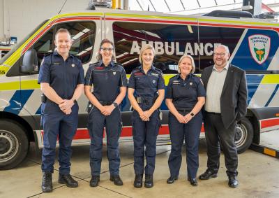 Ambulance Tasmania's Garry White (Director Operations - South), Nancy di Grande (Community Paramedic), Sally Budge (Acting Operations Supervisor) and Michelle Baxter (Executive Director of Operations), with Secretary of the Department of Health, Dale Webster.