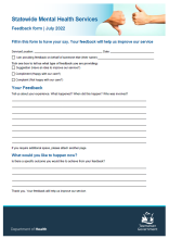 Thumbnail image of the feedback form for the statewide mental health service