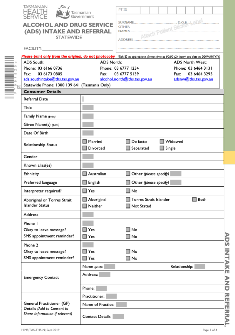 Alcohol and drug service intake and referral form | Tasmanian ...