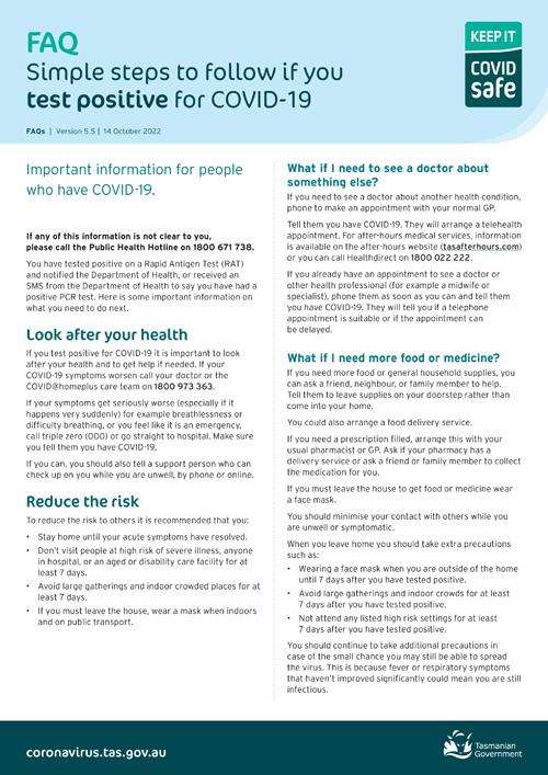 What To Do If You Test Positive For Covid 19 Fact Sheet Tasmanian