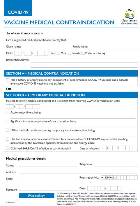 COVID 19 Vaccination Exemption Form Tasmanian Department Of Health