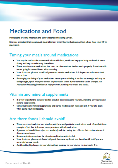 Medications And Food | Tasmanian Department Of Health