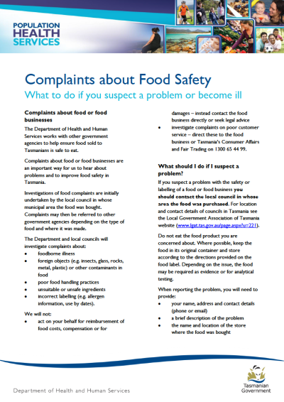 Complaints about food safety guide | Tasmanian Department of Health