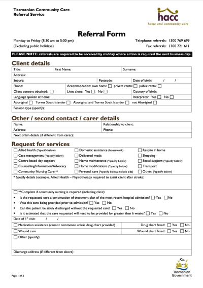 Tasmanian Community Care Referral Service - referral form | Tasmanian ...