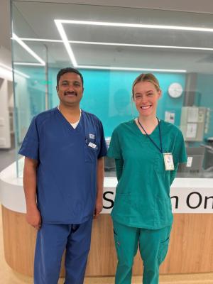 RHH ED staff, Arun Francis and Dr Gabby Wilkie in scrubs