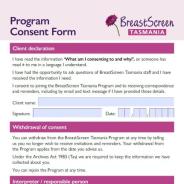 Thumbnail image of Consent to join the BreastScreen Tasmania Program Client Declaration Form