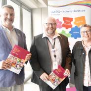 Rodney Croome (Equality Tasmania), Dale Webster (Co-Chair LGBTIQA+ Reference Group) and Lynn Jarvis (Chief Executive Officer, Working It Out) at the launch of the Department of Health's LGBTIQA+ Action Plan 2024-2027.