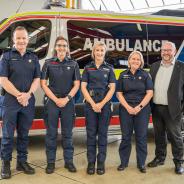 Ambulance Tasmania's Garry White (Director Operations - South), Nancy di Grande (Community Paramedic), Sally Budge (Acting Operations Supervisor) and Michelle Baxter (Executive Director of Operations), with Secretary of the Department of Health, Dale Webster.