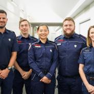 Jordan Emery (Chief Executive) with AT's newest paramedic recruits Richard Green (North), Lucy Chen (South), Josh Binger (North West) and Katrina Ostrenski (Director, Education).